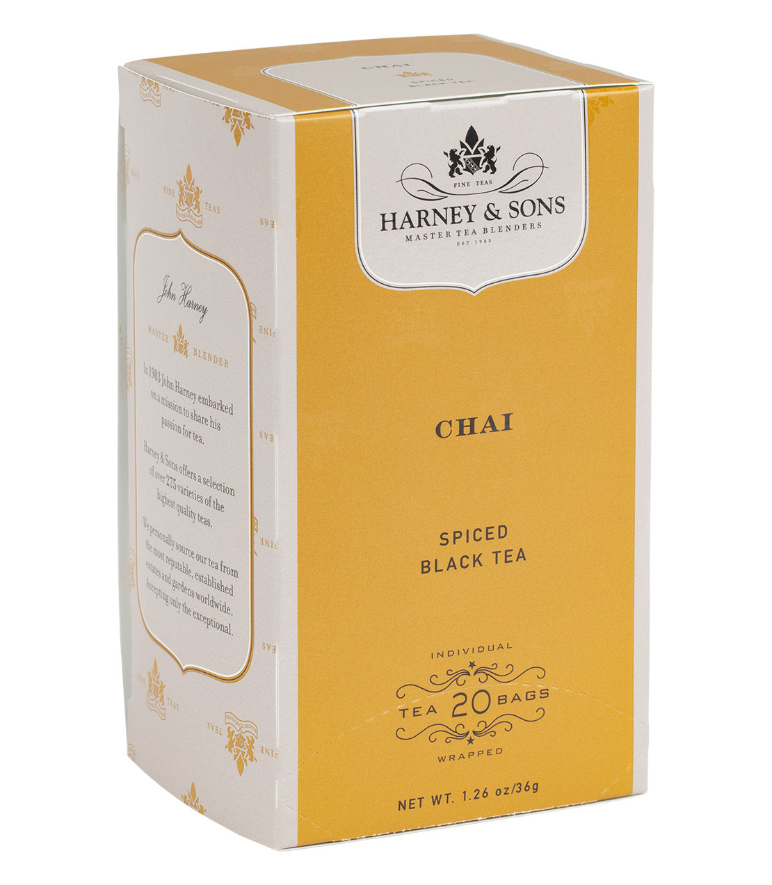 Box of 20 premium chai teabags by Harney & Sons, featuring spiced black tea packaging design.
