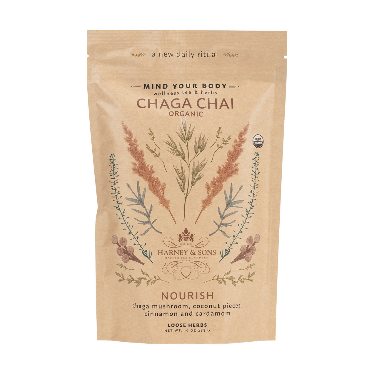 Organic Chaga Chai tea blend packaging featuring herbs, cinnamon, and cardamom for wellness.
