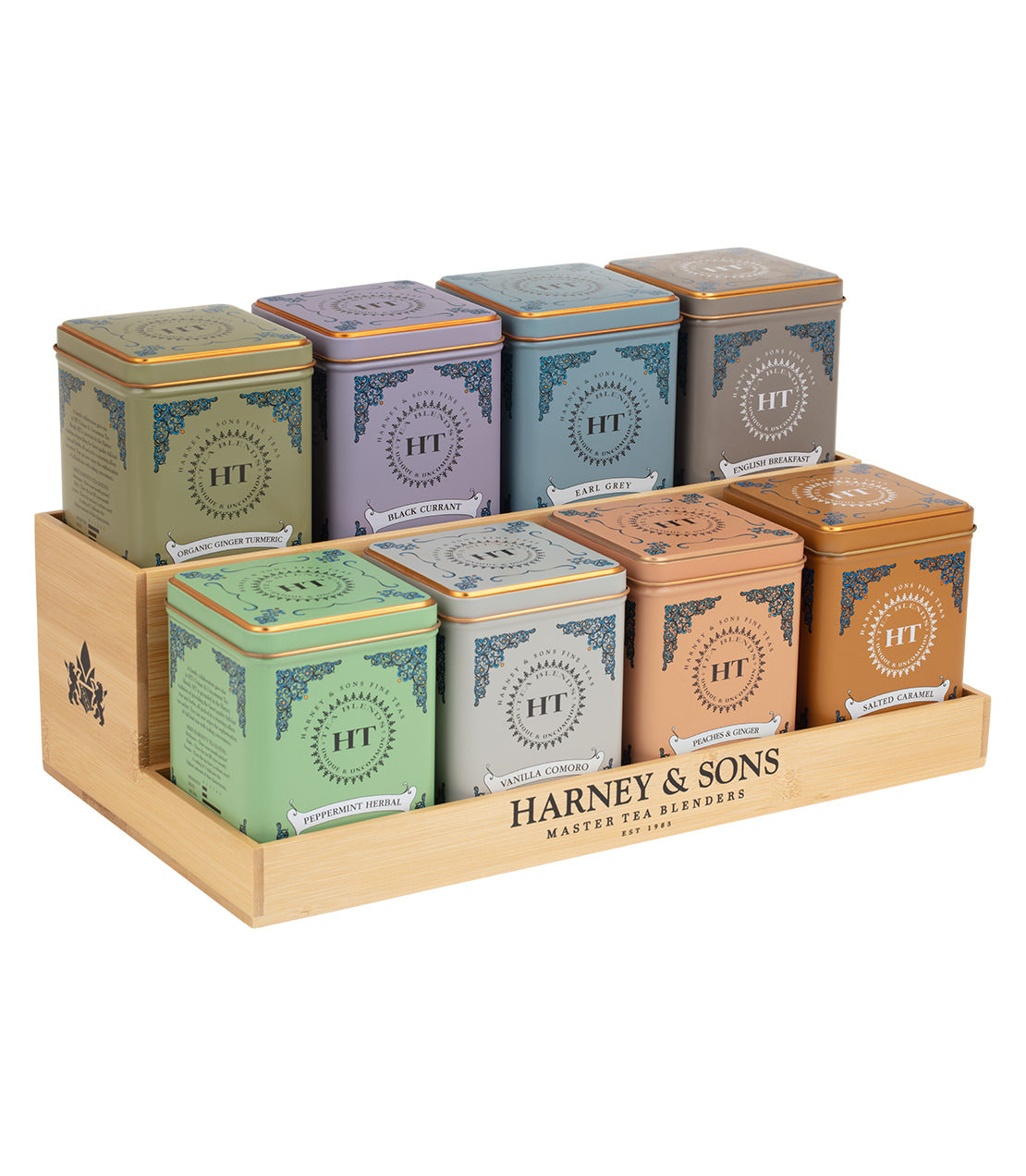 Harney & Sons bamboo display rack featuring 8 colorful tea tins, showcasing various classic tea blends.