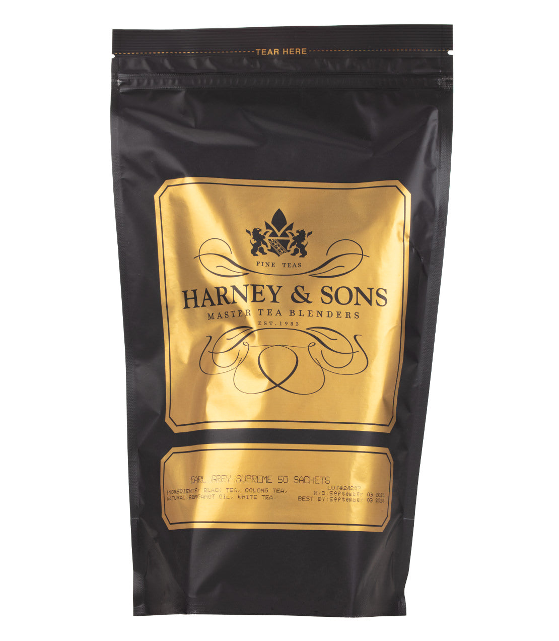 Harney & Sons Earl Grey Supreme tea bag package, featuring 50 sachets in a sleek black and gold design.