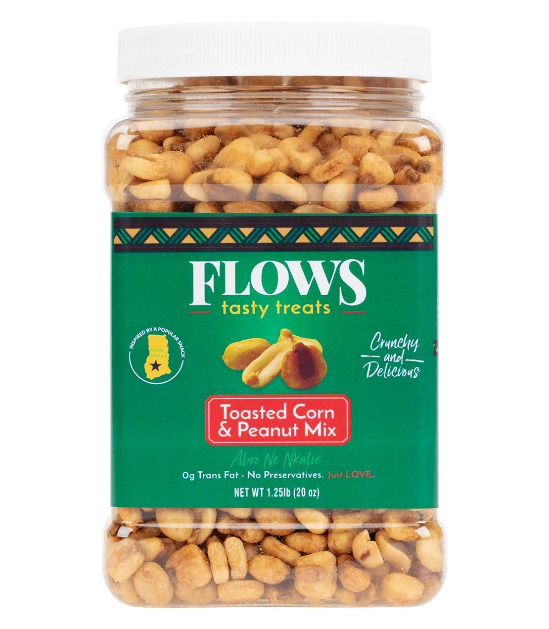 Jar of Flows Toasted Corn & Peanut Mix, featuring crunchy snacks with no trans fat or preservatives.