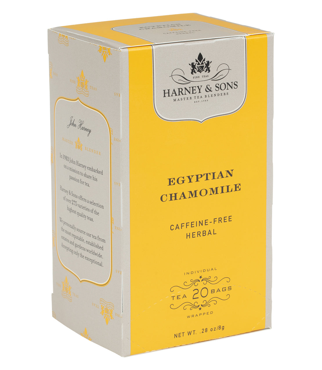 Harney & Sons Egyptian Chamomile tea box, featuring a yellow design and labeled as caffeine-free herbal tea.