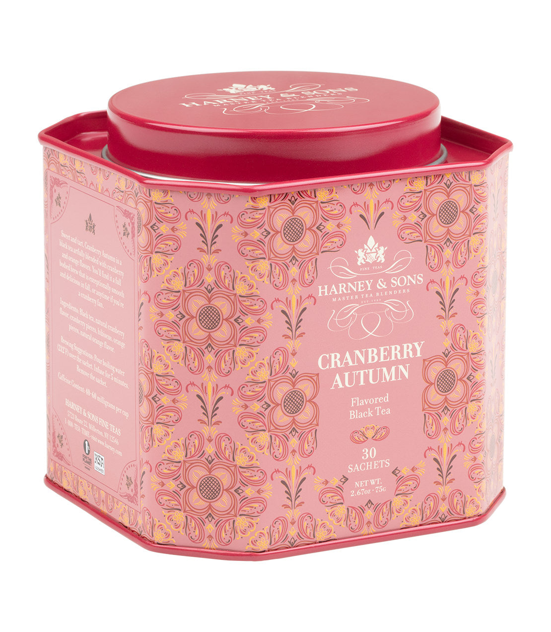 Harney & Sons Cranberry Autumn tea tin with 30 sachets, featuring a floral design and vibrant red lid.