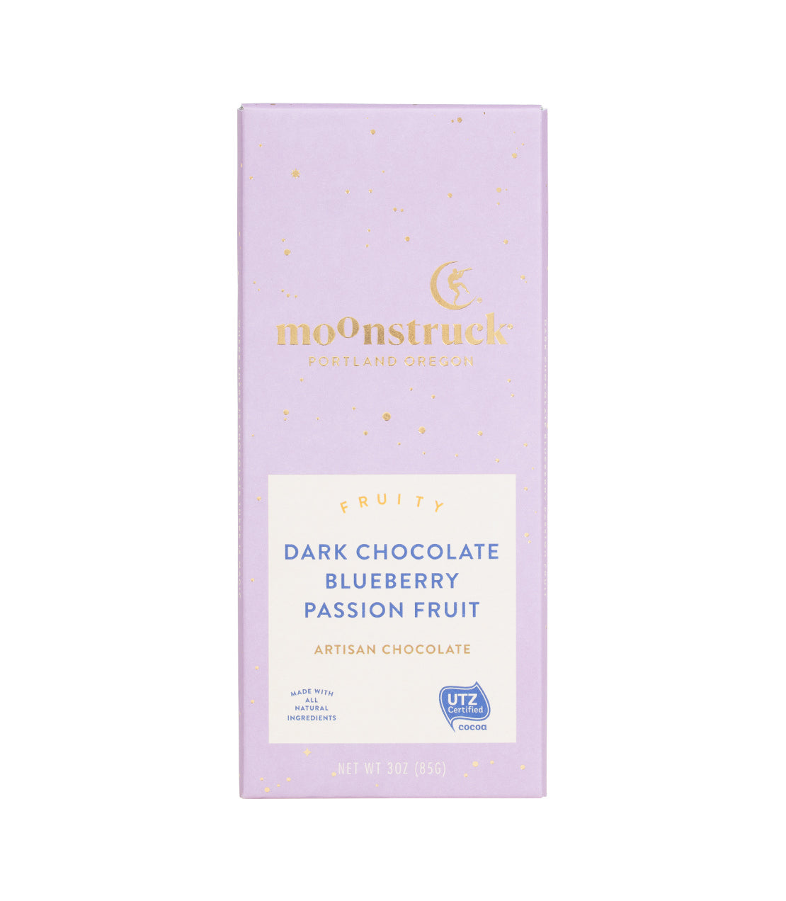 Moonstruck Chocolate Bar in purple packaging, featuring dark chocolate with blueberry and passion fruit flavors.
