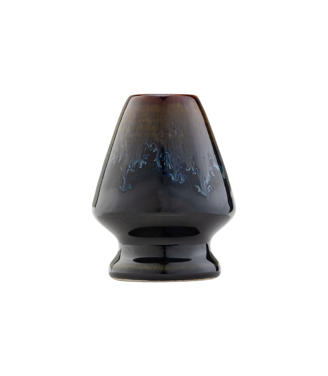 Black ceramic matcha whisk stand with a unique glossy finish, designed to hold whisks securely.