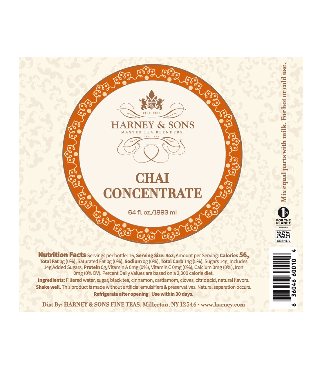 Harney & Sons Chai Concentrate label, 64 fl oz, featuring ingredients and nutrition facts for tea preparation.
