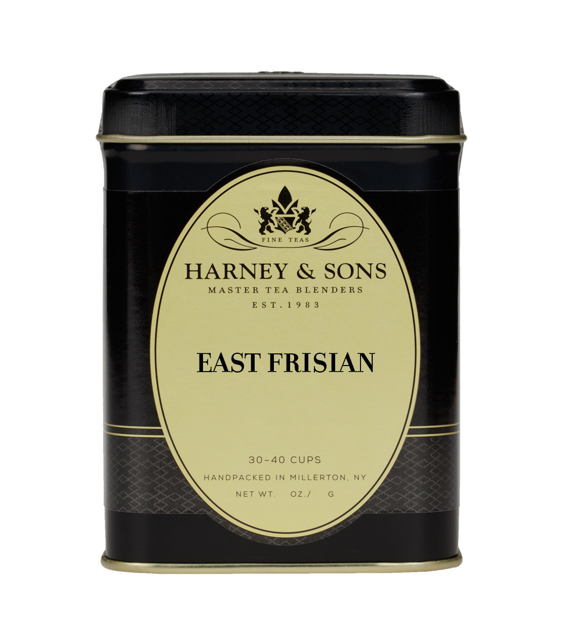 Black tin container of Harney & Sons East Frisian tea, labeled for 30-40 cups, with elegant design and logo.