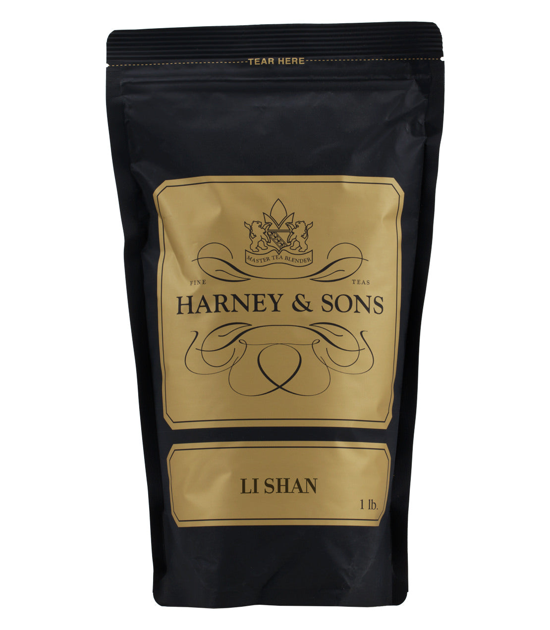 Black resealable bag of Harney & Sons Li Shan tea, labeled with gold accents and a tear-off top.