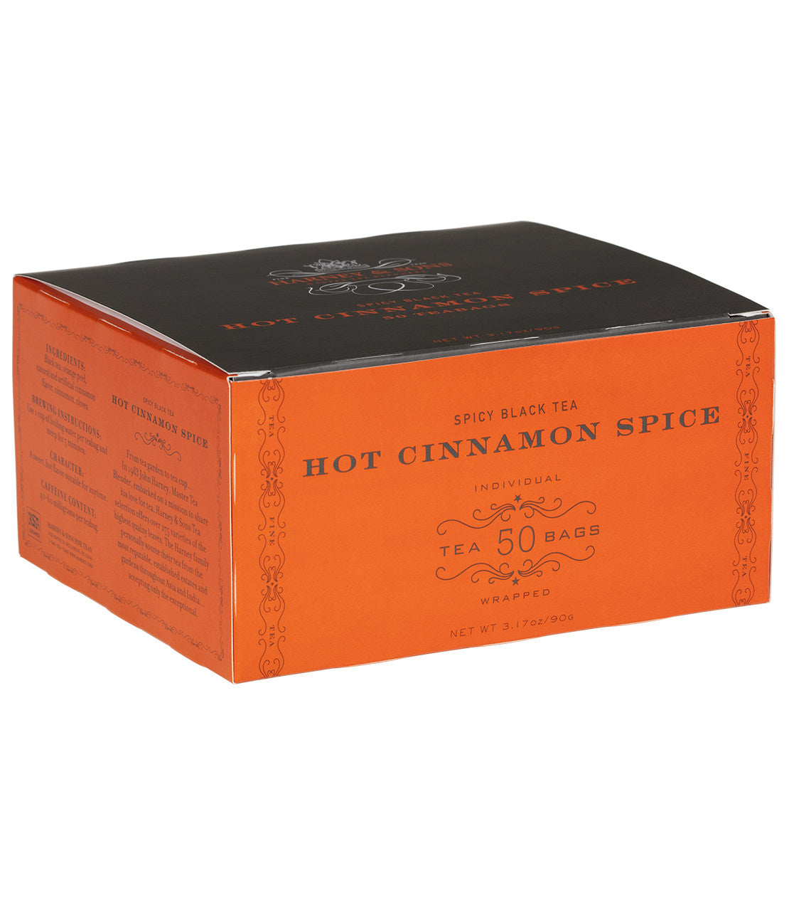 Box of Hot Cinnamon Spice tea featuring 50 individually wrapped bags, with a vibrant orange and black design.